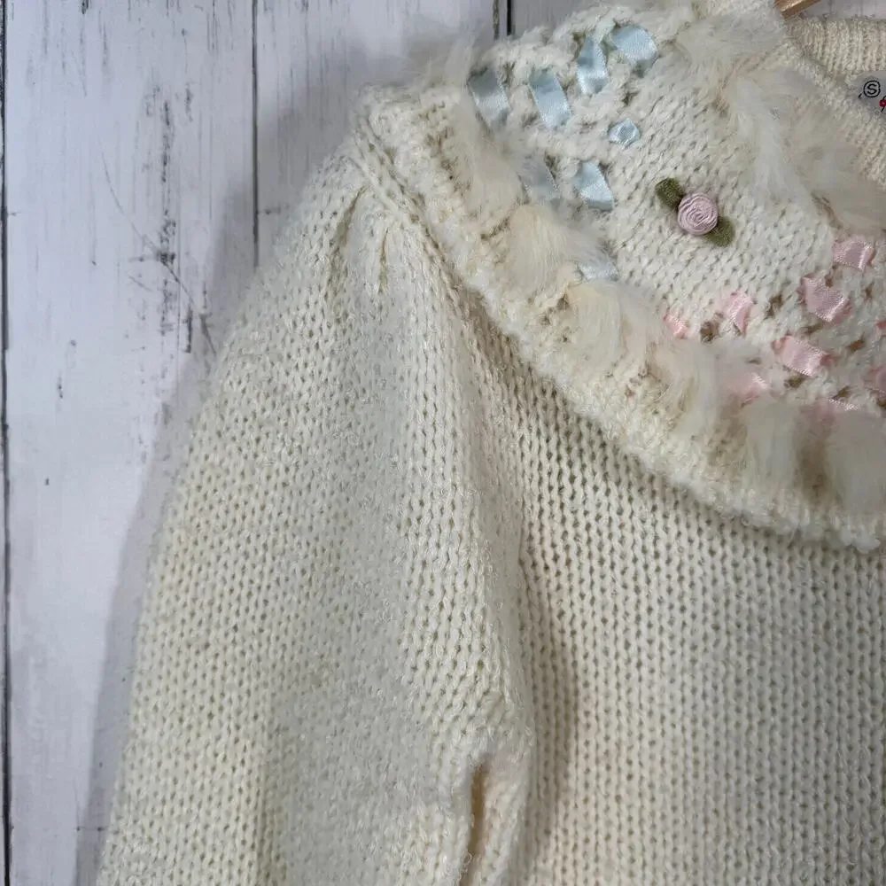 VTG Currants Cream Decorative Ribbon Collar Chunky Knit Sweater Korea Size Small